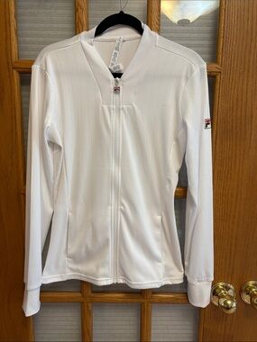 EUC Fila White Full-Zip Athletic Jacket with Subtle Ribbing